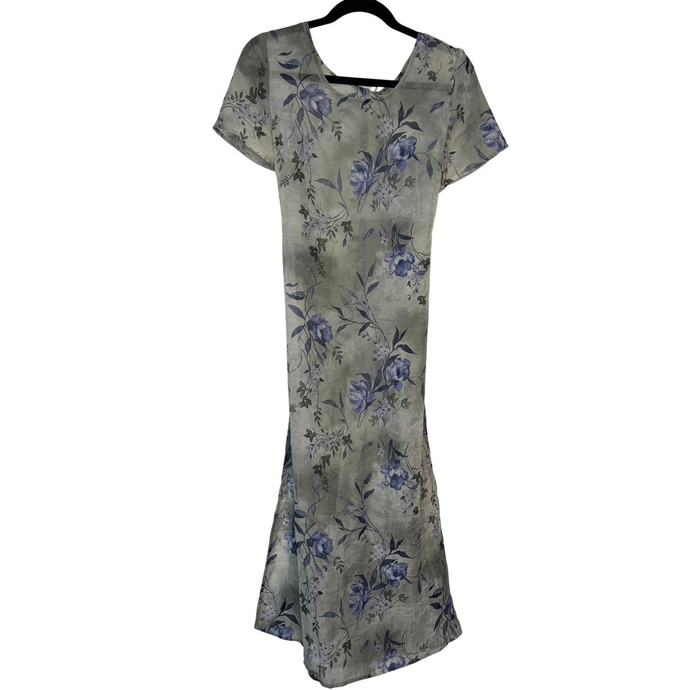 Bijaun Vintage 90s Floral Crinkle Chiffon‎ Maxi Dress Sage Blue Size 5/6 Canada
